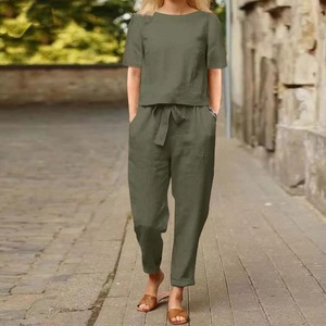 レディース服 綿麻 半袖 Oネック オーバーサイズブラウス ツーピースセット カジュアルスーツパンツ - Product Image 5