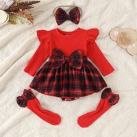 Nouvelle collection Printemps 2026 : Ensemble bébé fille en coton, jupe à manches longues, motif écossais, avec nœud, fermeture boutonnée, ceinture et chaussettes, idéal pour Noël