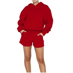 Women's <b>Red</b> 2 Piece <b>Hoodie</b> And Shorts Set Casual Loose Fit Solid Color Daily Wear Spring Summer Outfit - Product Image 1