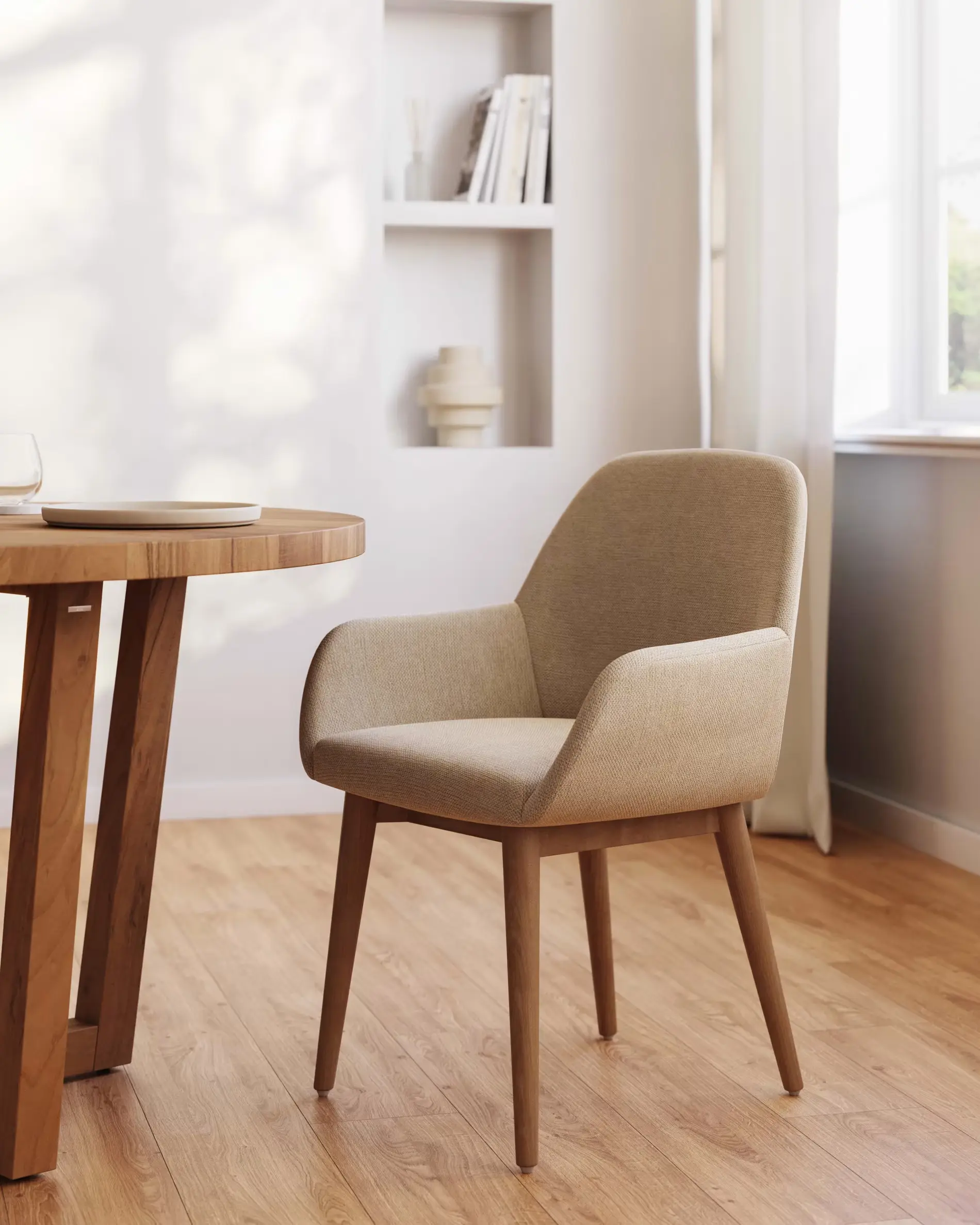 Konna chair in beige with solid ash wood legs in a dark finish