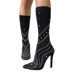Bling 2026 Women's Designer Shoes Rhinestone Stretch Fabric Stiletto High Heels Waterproof Pointed Toe Mid-Calf Spring Autumn - Product Image 1