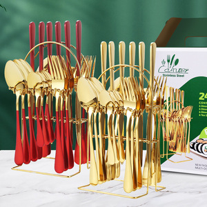 Ensemble de couverts en acier inoxydable 24 pièces, manches dorés et rouges, passe au lave-vaisselle, pour service de table - Product Image 1