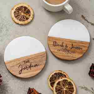 Sous-verre carré/rond en bois et marbre pour tasse à café - Dessous de plat résistant à la chaleur avec logo personnalisé - Product Image 4
