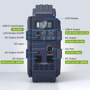 Estación de Energía Portátil de 1600W y 1024Wh con Batería Externa LiFePO4, MPPT Solar Integrado de 100W, USB-C PD, Onda Sinusoidal Pura para Automóvil - Product Image 4