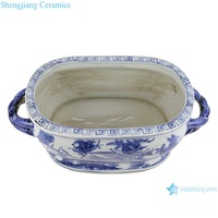 RZSC21-E-B-C Pot Bunga Oval Porselen Biru Putih Antik dengan Gagang, Model Keramik Tradisional untuk Mandi Kaki