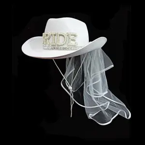 Fun Pearl White Bride To Be BLING Bachelorette Party Metallic Space Cowgirl Cowboy Hat With Veil Pearl Letter