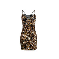 Robe de nuit courte pour femme, imprimé léopard, dos nu, bretelles spaghetti, patchwork de dentelle, dos croisé à nouer, robe de nuit pour la maison