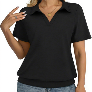 Polo de Punto de Manga Corta Negro para Mujer, Premium, Casual, Corte Regular, Color Sólido, Cuello en V, Camisetas Polo ODM - Product Image 1