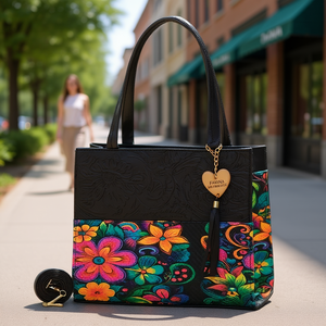 Sac fourre-tout en jute noir pour femme Fana Dahina, motif floral avec pompon et poche zippée pour le shopping - Product Image 2