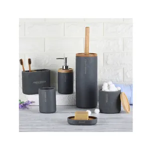 Polyresin Grey Sandy Bathroom Accessory Set with Rubber wood Includes soap Dispenser Soap Dish Tumbler Toothbrush Holder