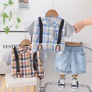 2024 Hot Design Kids Cheap price Plaid Short-sleeved Shirt Denim Shorts Toddler Boys Clothing Set Summer Clothes for Children