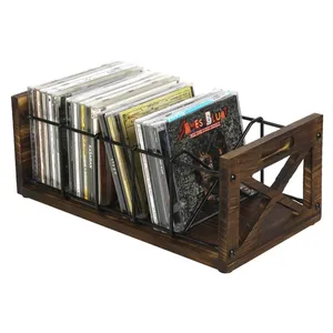 Mộc Mạc rắn bị cháy gỗ đen dây kim loại trang trại công nghiệp Vinyl DVD lưu trữ giá với xử lý CD lưu trữ chủ