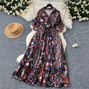 Vestido largo con cuello en V de estilo étnico para mujer, estampado de gasa plisado, decoración de encaje informal, estilo dulce, boutiques gratis - Product Image 2