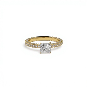 Anillo de compromiso solitario de diamante cultivado en laboratorio con corte princesa chapado en oro de 18K y 14K, banda de diamantes redondos con doble fila pavé, anillo fino para mujer - Product Image 1
