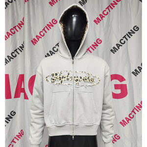Diseño personalizado estampado de leopardo capucha apenado bordado apliques ropa de calle francés Terry de gran tamaño Boxy doble cremallera Sudadera con capucha - Product Image 1