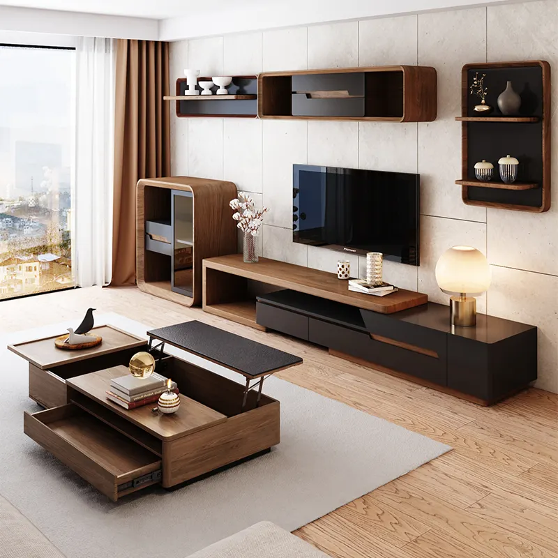 Mobiliário moderno, sala de estar, com suporte ajustável para tv e mesa de café