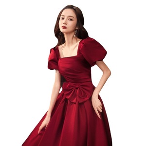 Burgundy Satin A-Line Bridesmaid Dress Scoop Neck Natural Waist Vintage Style Long Length - Product Image 5
