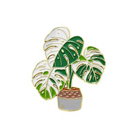 Épinglette en alliage à thème animal en forme de plante en pot de dessin animé, badge métallique personnalisé, plaqué or, imprimé en typographie, feuillage rustique