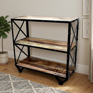 Industrial Wooden 3-Tier Display <b>Shelf</b> Rack with Metal Frame Rack and Wheels for Living Room Farmhouse Furniture - Product Image 1