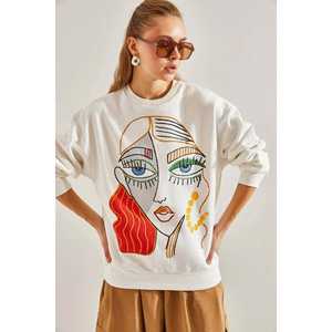 Sudadera de cuello redondo con estampado de figuras bordadas para mujer, mezcla de algodón, manga regular, tejido de punto - Product Image 2