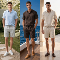 Ensemble de costume d'été pour homme en lin pur, chemise à manches courtes à col polo et short assorti avec cordon élastique