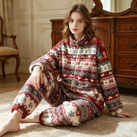 Nouvelle collection hiver : Ensemble de pyjama et de détente pour femme en polaire corail, chaud et épais, imprimé, à manches longues et pantalon, pour Noël et les fêtes