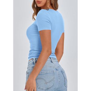 Womens Ribbed Henley Button Short Sleeve T Shirt Slim Fit Casual <b>Top</b> Breathable Knitted Cotton Spandex Blend Fashion Clothing - Product Image 2