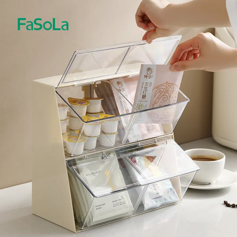 FaSoLa, organizador de bolsas de té de plástico, caja de almacenamiento de 2-4 compartimentos, caja de arcón de té con tapa, soporte para bolsas de té para encimeras de oficina