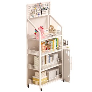 Movable Floor Standing Bookshelf 5 Tier Metal Storage Shelf With Pegboard For Home Living Room Student Book Organization - Product Image 1