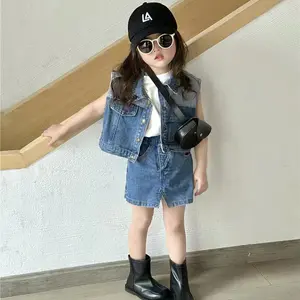 Spring 2023 New Korean Edition AB Positive and Negative Children's Cowboy Sweetheart Vest Female Baby Fashionable Skirt Set