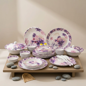 Service de vaisselle en céramique florale 40 pièces, assiettes et bols peints à la main, plat de service avec couvercle, design rond pour les fêtes - Product Image 3