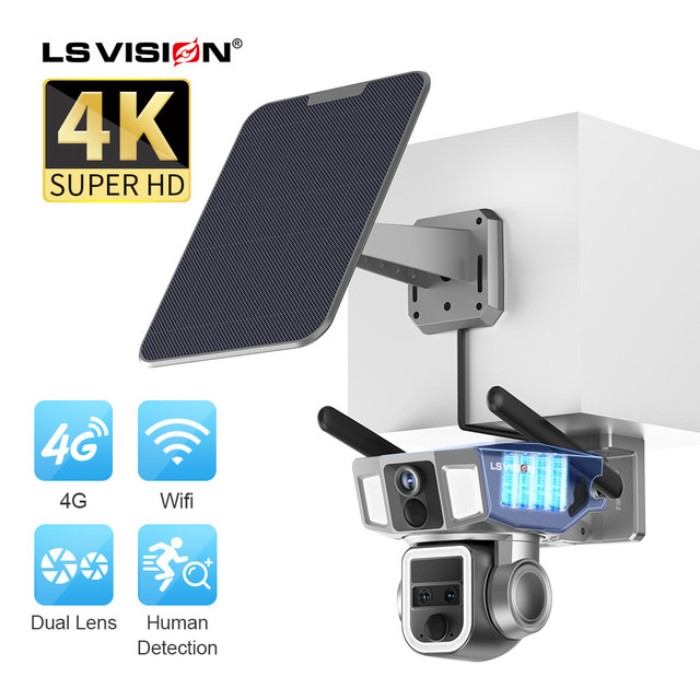 LS VISION IP66 Outdoor Wifi and 4G 2 in 1 Waterproof 4MP 10X Zoom Dual Lens CCTV Auto Human Track 4G&wifi  Solar PTZ Camera