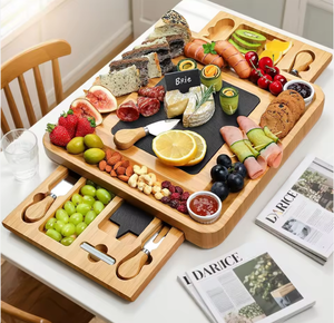 Planche à découper en bambou et en bois avec deux tiroirs et un plateau à fromage pour conserver les aliments cuisinés - Product Image 3