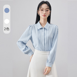 White Long Sleeve Chiffon Shirt For Women Work Uniform Solid Color Polyester Blouse Spring Autumn 2025 Simple Elegant Office - Product Image 2