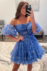 2025 Summer Custom Detachable Sleeves Off the Shoulder <strong>Blue</strong> Printed Women Ruffle Homecoming <strong>Dress</strong> - Product Image 5