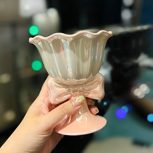 Tasse en céramique élégante rose avec nœud, bol à dessert vintage à bord festonné, jolie coupelle à sundae pour la maison <span class=keywords><strong>et</strong></span> la cuisine - Product Image 3