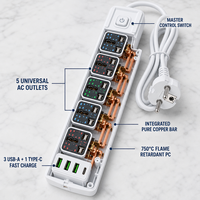 Multiprise industrielle universelle en laiton 10A 7 prises IP44 avec 1 port Type C, 3 ports USB, 2500W, en cuivre de haute pureté