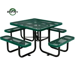 Outdoor Park Green Diamond Metal Rectangle Round Square Picnic Tables With Benches