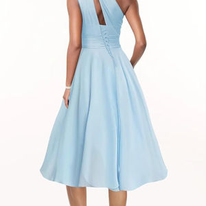 فساتين نسائية قصيرة كتف واحد من الشيفون وصيفة العروس بطيات فستان حفلة رسمي بكشكشة مع جيوب - Product Image 3