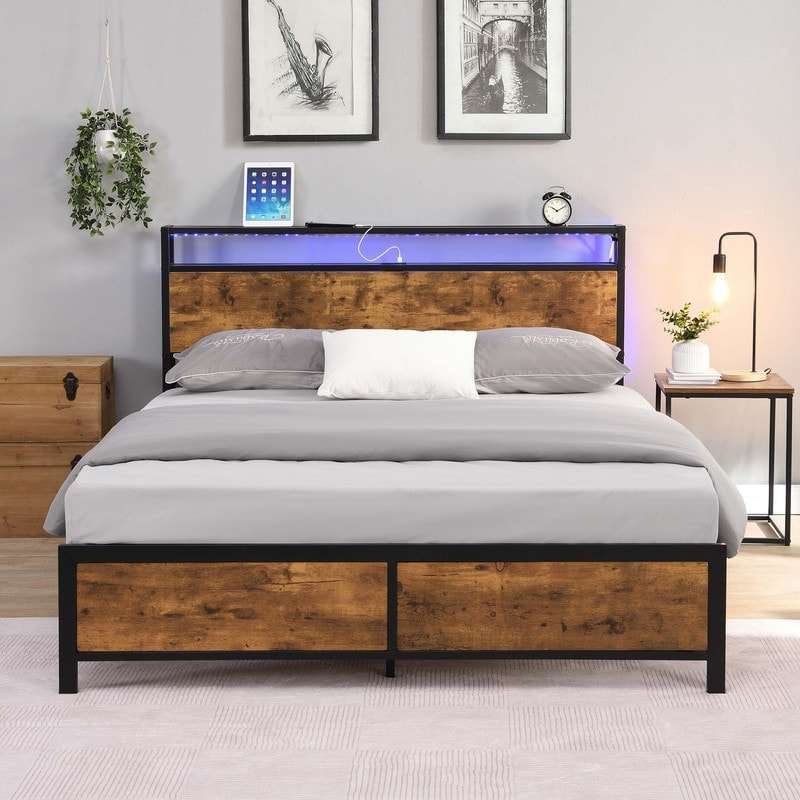 Cadre de lit King Size américain Kainice Mobilier USB Tête de lit en bois Lit en bois à double plateforme en métal et bois avec lumière