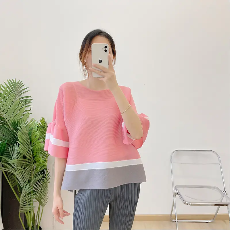 2023 Summer New Miyake Pleated Petal Sleeve Ladies Top Round Neck Woman Casual Style Shirt