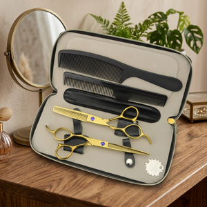 Ensemble de ciseaux à effiler en acier inoxydable doré, 4 pièces, kit de barbier et de salon avec peignes et étui à fermeture éclair - Product Image 2