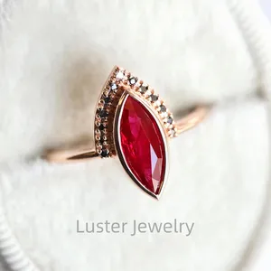 Luster Bloody Eye Design Half Halo Black Moissanite S925 Silver 10k 14k 18k Gold 5x10mm Marquise Cut Lab Created Ruby Ring