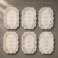 Cartes de menu de mariage à bords festonnés ondulés, motif floral, papier texturé personnalisé multi-tons aquarelle fleurs sauvages