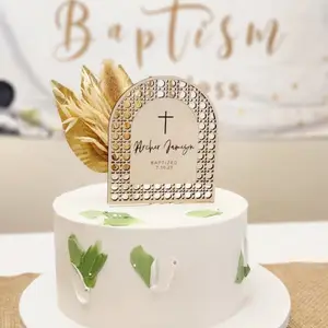 Best selling Rattan Cake Topper laser cut wood God Bless Baptism Cake Topper for Gifts