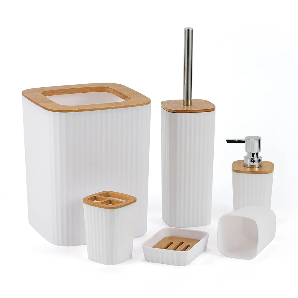 Set di accessori 6 pezzi in bambù minimalista bagno Set con Eco -friendly cestino grigio legno Set bagno accessori per il bagno