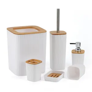 Accessory Set 6 piece Minimalist Bamboo Bathroom Set with Eco -friendly Trash Can Grey Wooden Toilet Set Bathroom Accessories