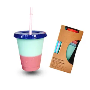 Gobelets à couleurs changeantes de 16oz pour adultes et enfants, gobelets en plastique réutilisables en vrac avec paille froide glacée