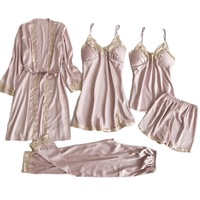 Ensemble de lingerie en satin de soie sexy pour femmes TJ, cinq pièces, pyjama une pièce à bretelles, vêtements de nuit confortables pour l'été