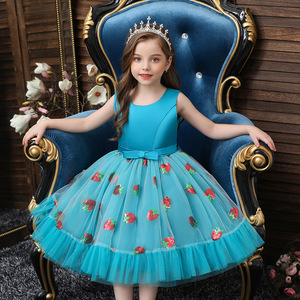 Children's Princess Dress Blue A-Line O-Neck Tulle Skirt With Strawberry Embroidery For Flower Girls - Product Image 1